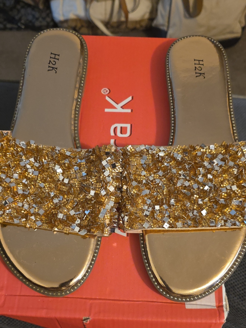 H2K Gold Embellished Slide Sandals